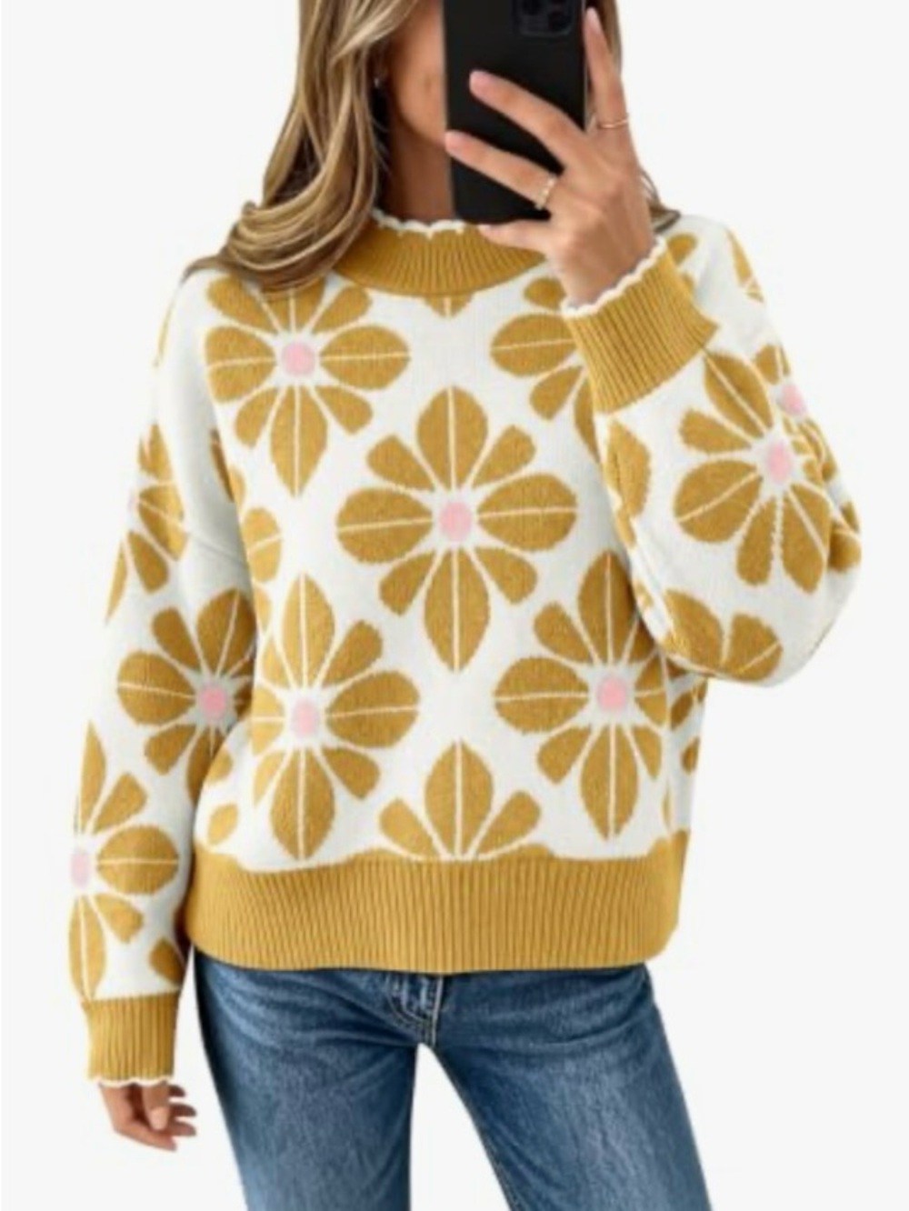 FLORAL PATTERN SWEATER | Women’s Crewneck - Mustard & White